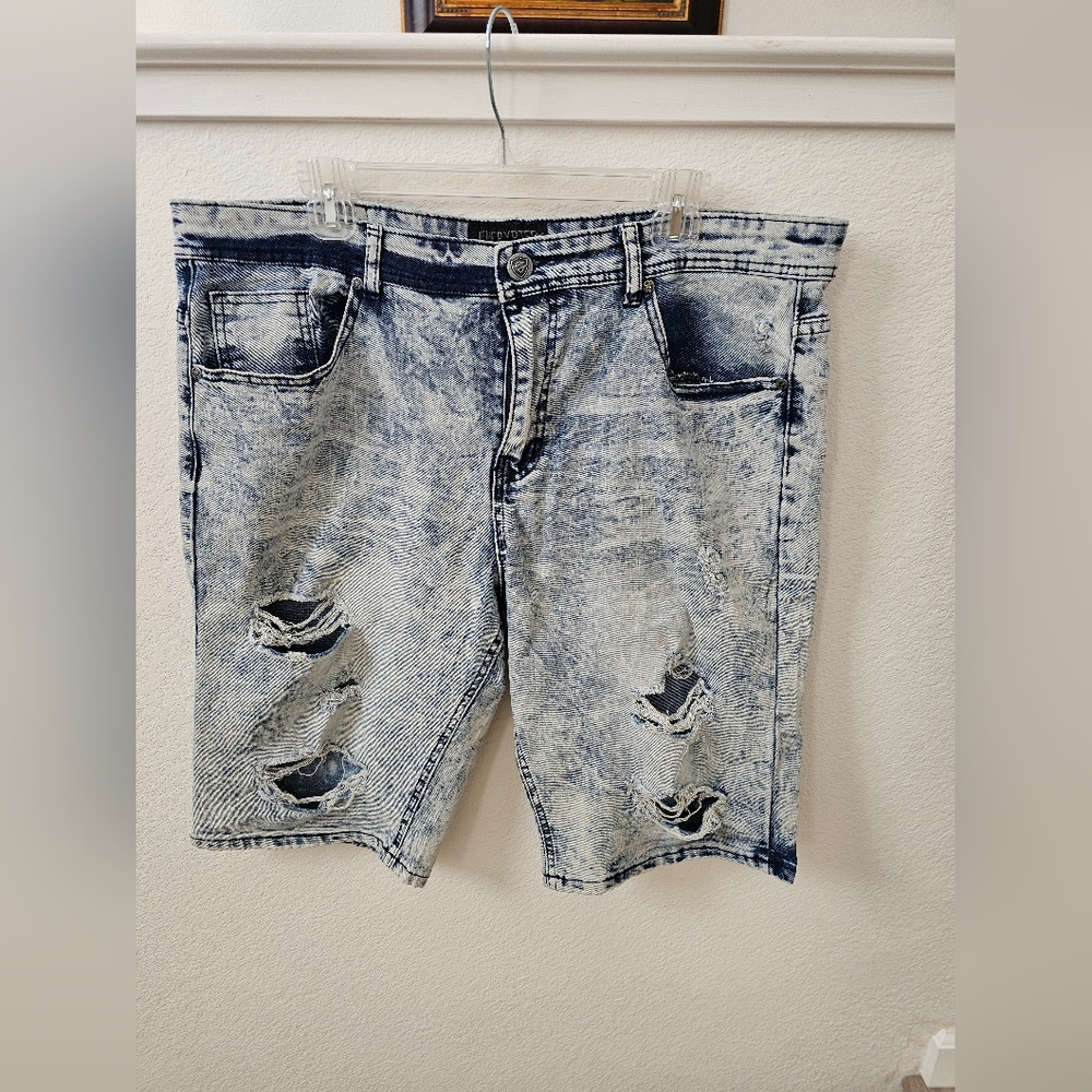 ENCRYPTED Men's Acid Wash Distressed Denim Shorts - Size 38 - Streetwear